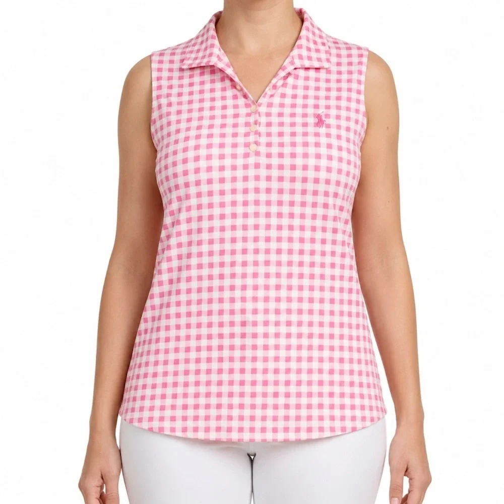 Polo Golf Ralph Lauren Shirt Women Medium Pink Gingham Sleeveless Tailored Fit
